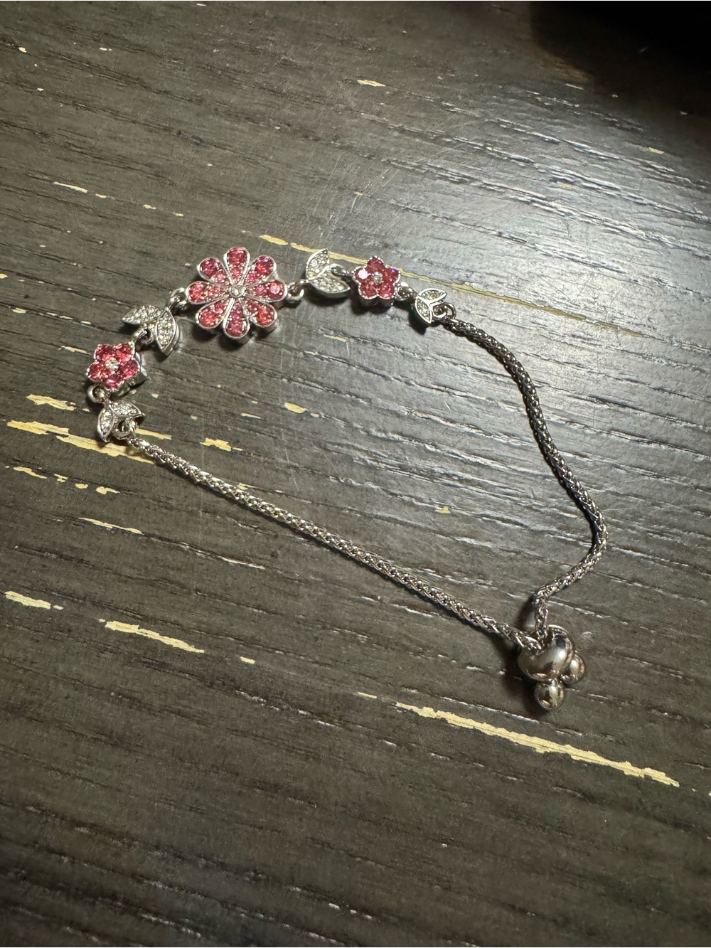 Source Unknown Pink Floral Bracelet with Silver Chain